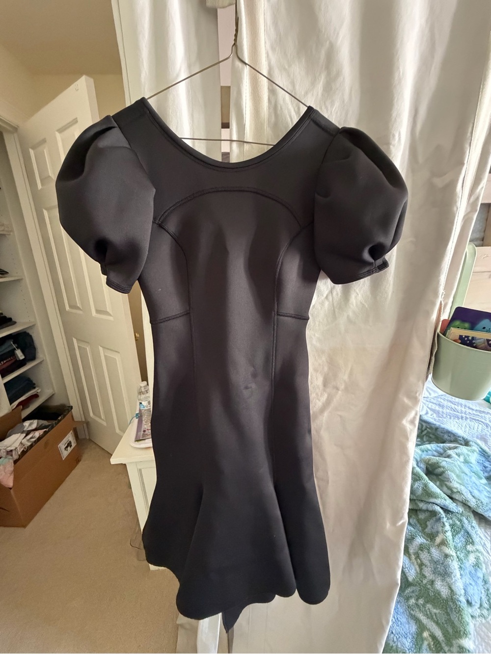 Black Puff-Sleeve Mini Dress with Flared Hem